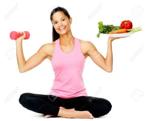 13303085-Portrait-of-a-healthy-woman-with-vegetables-and-dumbbells-promoting-a-healthy-fitness-and-eating-lif-Stock-Photo